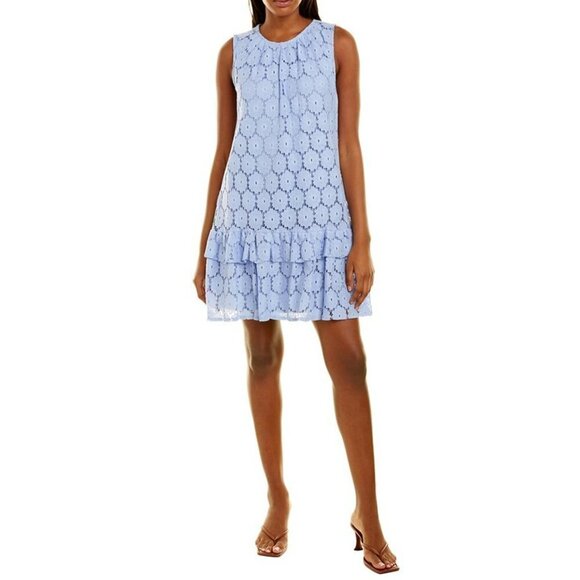 NWT London Times Sleeveless Tiered Ruffle Hem Floral Lace Mini Dress - Picture 2 of 5